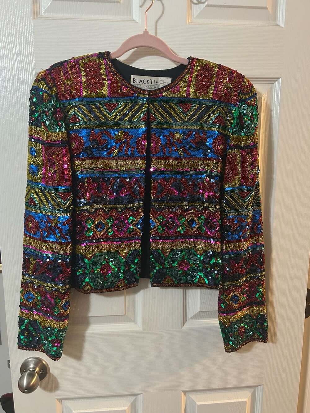 BlackTie Oleg Cassini Vintage Sequin Beaded Cropped Jacket Size M Multicolor